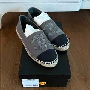 CHANEL Black and Gray Espadrilles with Logo